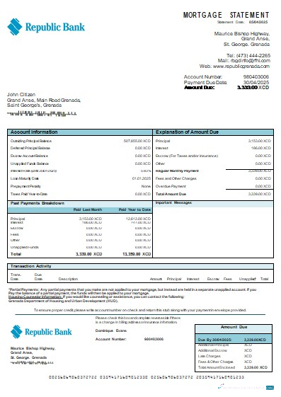 Download Grenada Republic bank mortgage statement scr Photoshop template